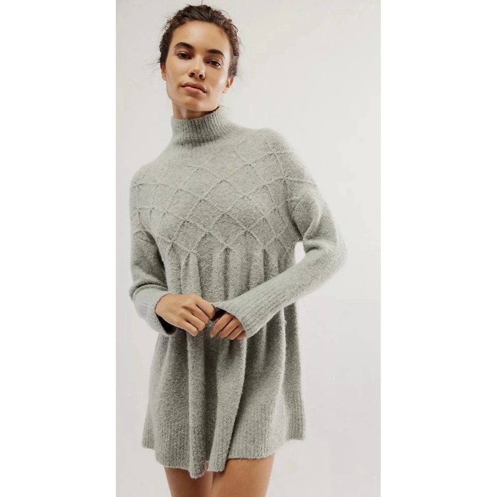 Free People Jaci‎ Sweater Dress XS Gray Mock Neck Babydoll Wool Blend